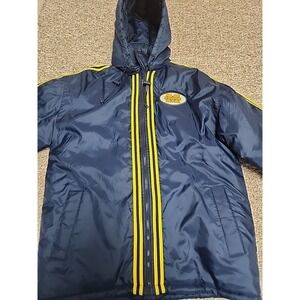 Michigan Puffy Fuzon Innovation Zip Jacket Hooded Blue Vintage Medium Spell out